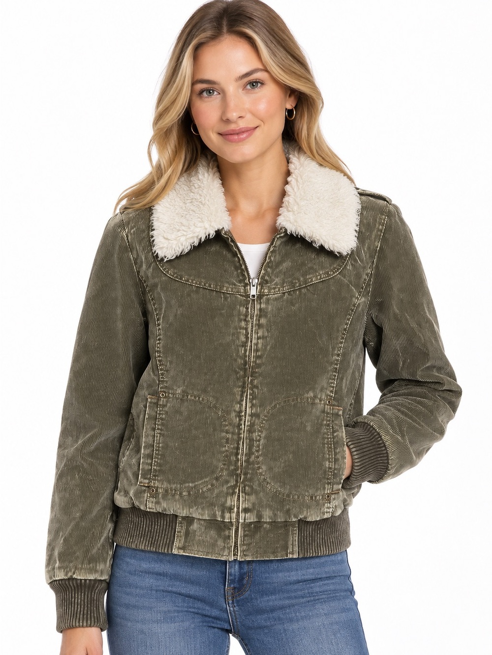 BNCI Olive Green Sherpa Collar Women's Corduroy Jacket Size Medium